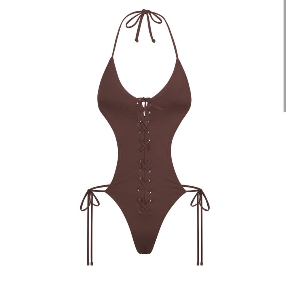 SKIMS Recycled Swim Lace-up Monokini Sz.XS (will fit small) Ochre Cocoa & Onyx - Picture 1 of 16